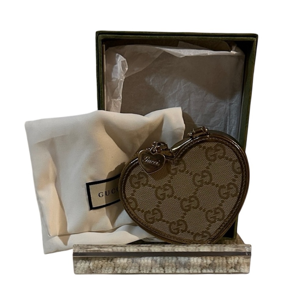 Gucci Brown Heart Monogram Coin Pouch box & dust bag